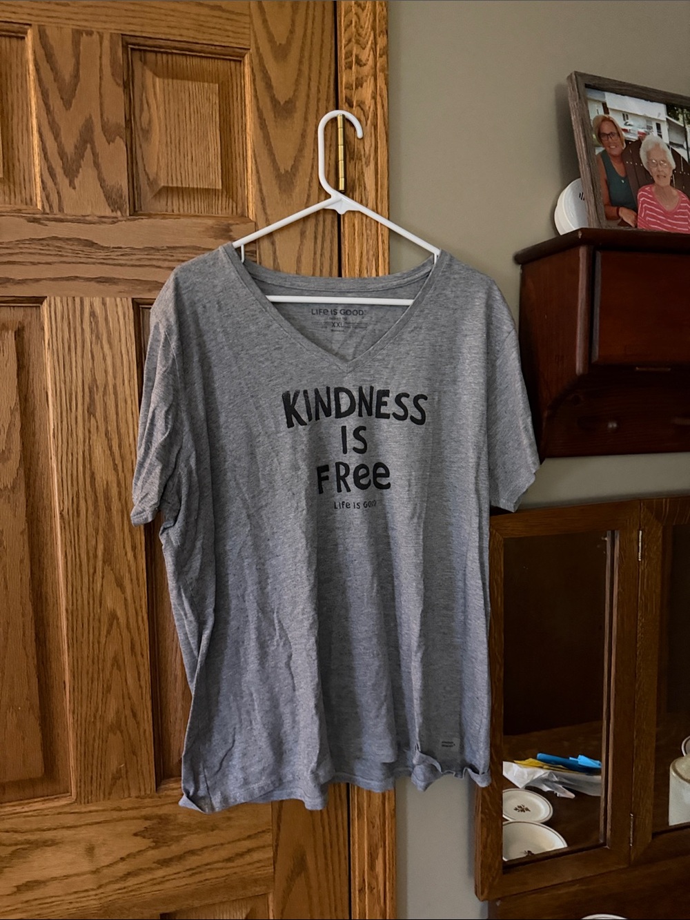 Life Is Good Gray V-Neck Tee with "Kindness Is Free" Graphic
